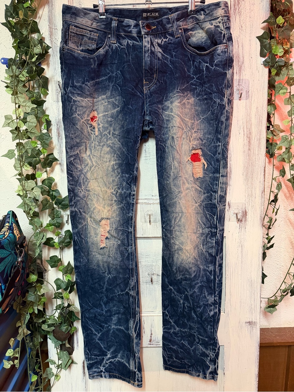 Men's Slim Straight Distressed Jeans - Washed Blue with Red Accents